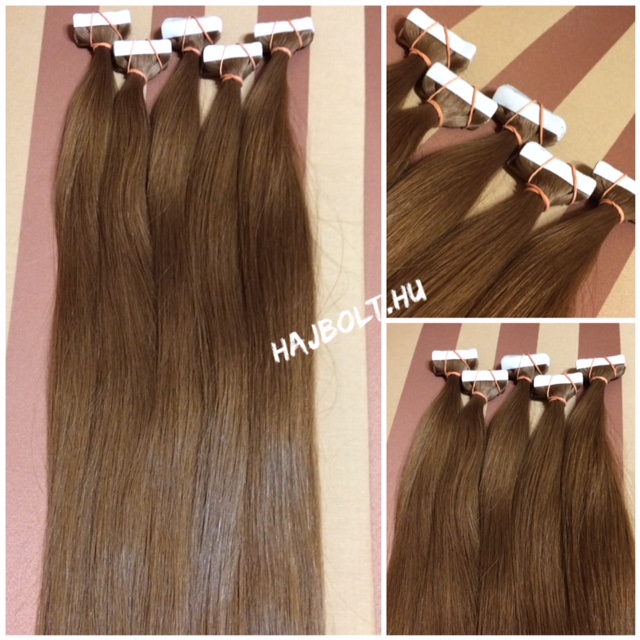 7-es barna festett tape-in (ragasztócsíkos) eredeti haj 40 cm/ 1 pár (2db)