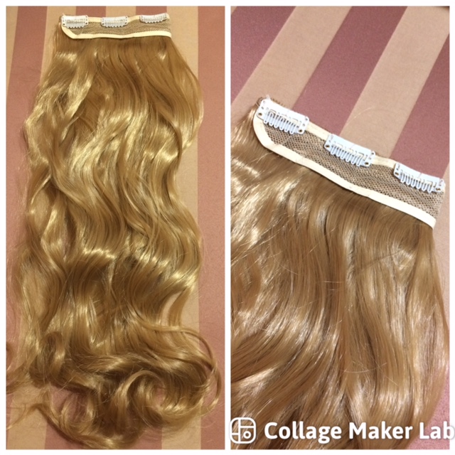 Mézszőke/karamell egysoros, enyhén hullámos, vasalható csatos szintetikus haj 60cm