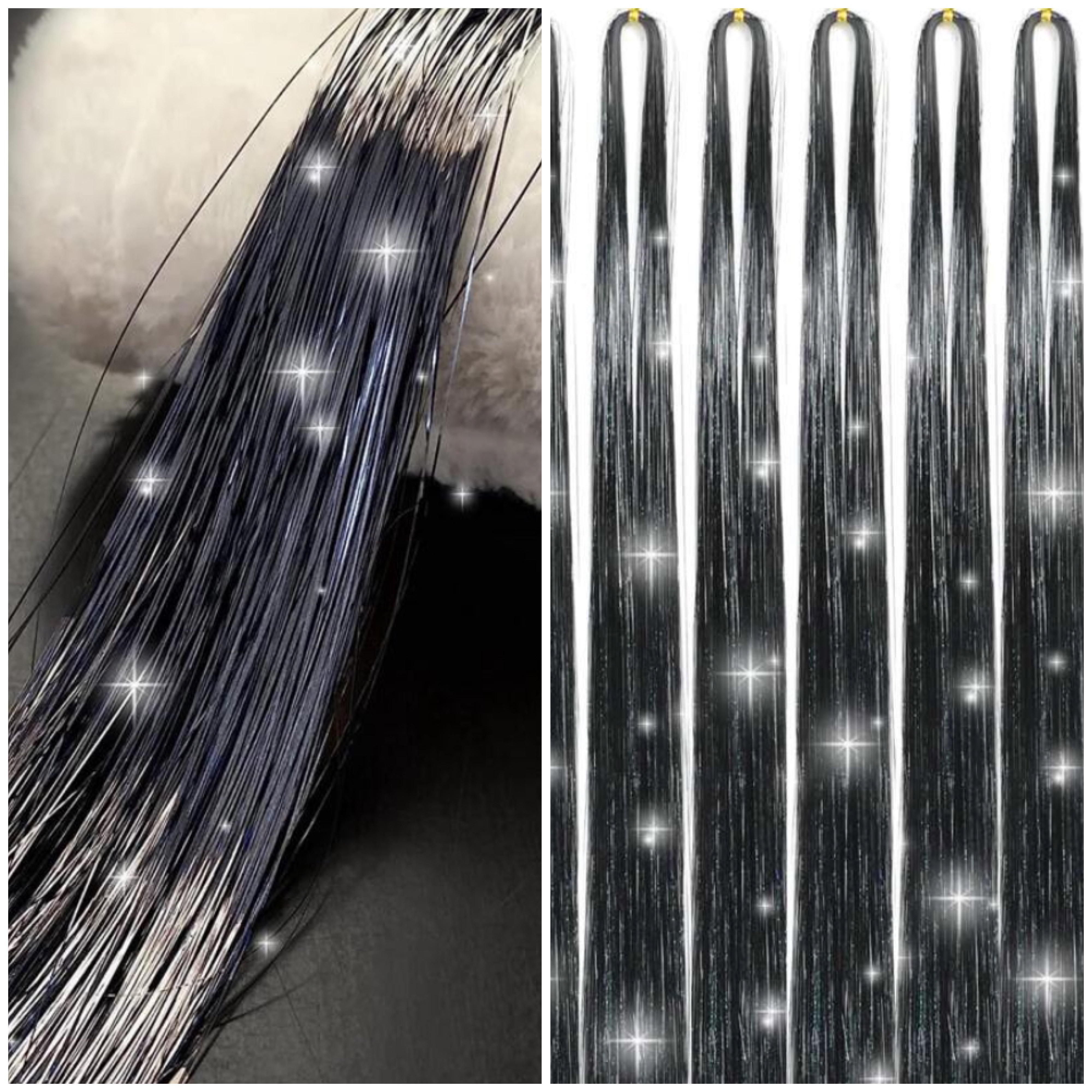 Glitter szál hajba, fekete vegyes színű dísz hajfonáshoz