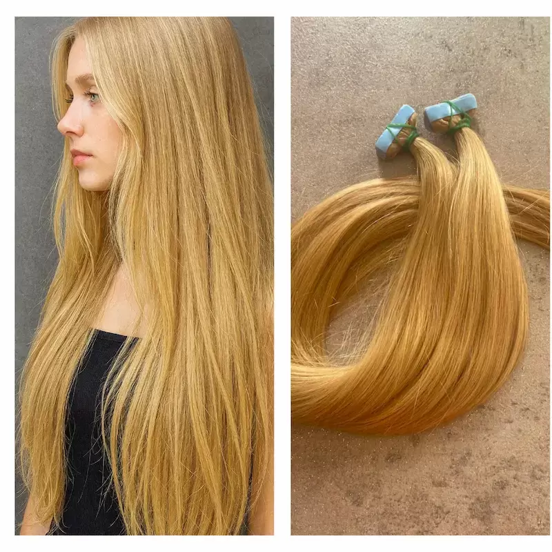 Sötétebb méz szőke festett tape-in (ragasztócsíkos) eredeti haj 50 cm/ 1 pár (2db)