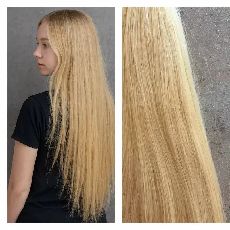 Méz szőke 100% emberi hajból készült csatos haj kb. 110-115 gr 77-80 cm